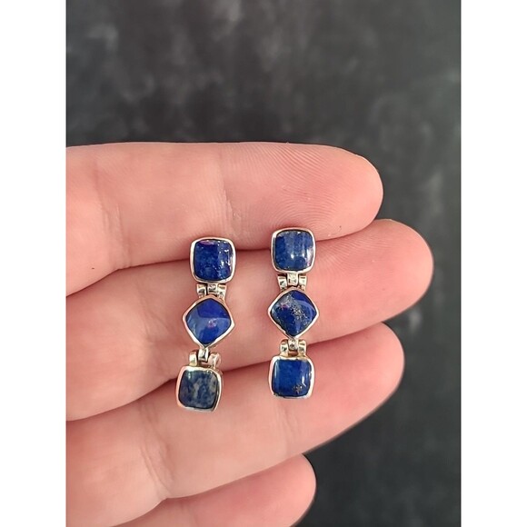 925 Sterling Silver Lapis Lazuli Beaded Dangling Pierced Earrings Vintage - Picture 1 of 10